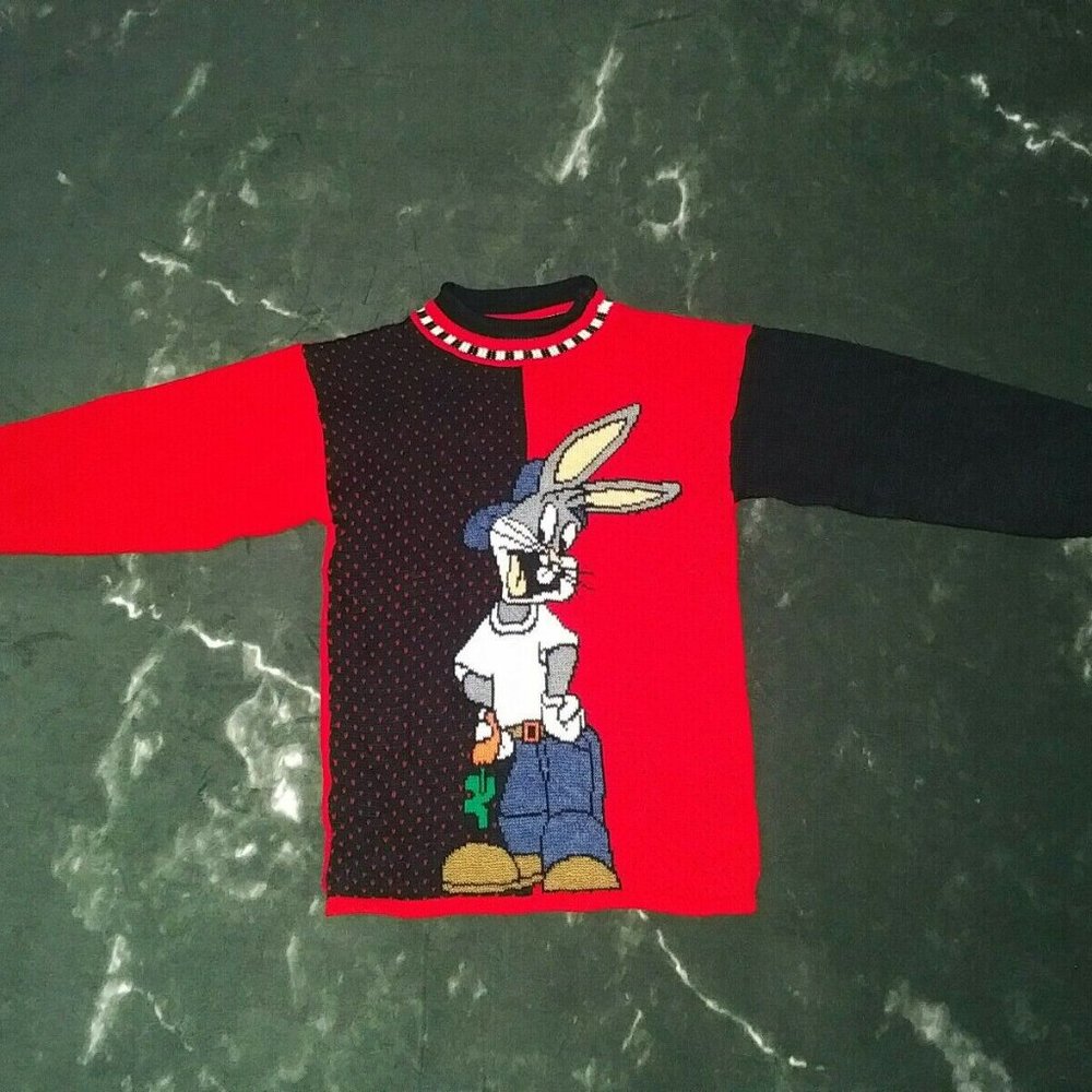 1996 Vintage Bugs Bunny Ugly Christmas Sweater Looney Tunes Black Red Hearts VTG - Picture 9 of 12